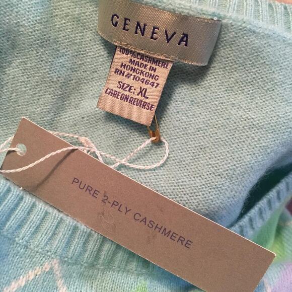 Geneva Aqua-Green-Blue-White Argyle 100% Cashmere Sweater XL - Picture 7 of 7